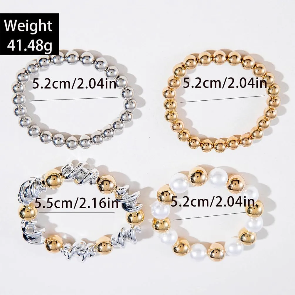Trendy Big Gold Pearl Beaded Bracelets Stack for Women, Unique 4Pcs Stackable Stretch Chunky Large Silver Beads Twisty Bracelet Set Party Jewelry Gift