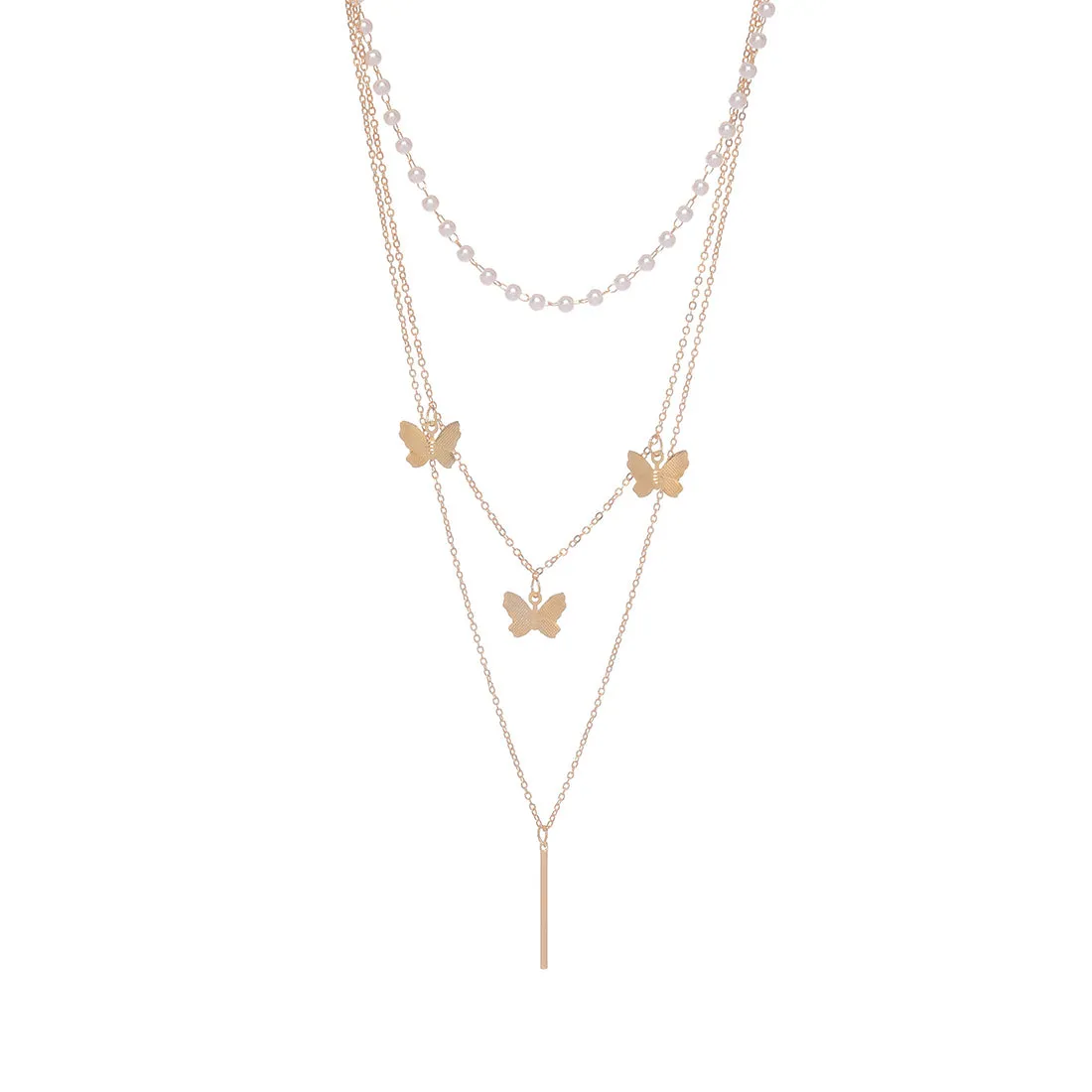 Trendy Butterfly Pendants Three Layered Gold Necklace with Pearls Chain