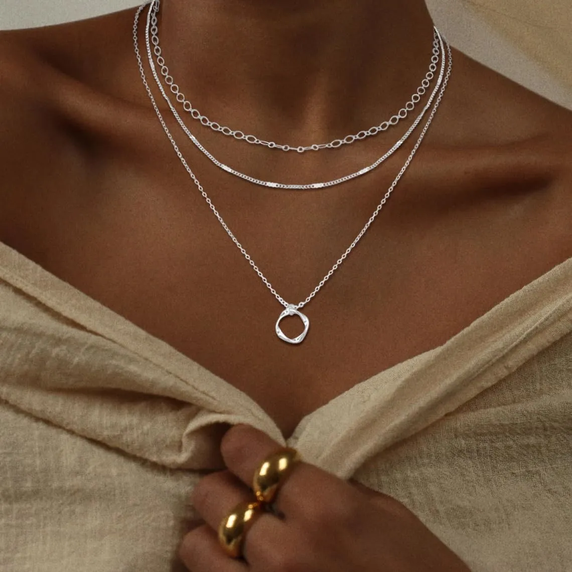 Trendy Layered Gold/Silver Necklaces for Women 14K Gold/Silver Plated Stackable Choker Necklace Dainty Simple Jewelry Set Layering Cuban Circle Pendant Chain