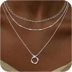 Trendy Layered Gold/Silver Necklaces for Women 14K Gold/Silver Plated Stackable Choker Necklace Dainty Simple Jewelry Set Layering Cuban Circle Pendant Chain