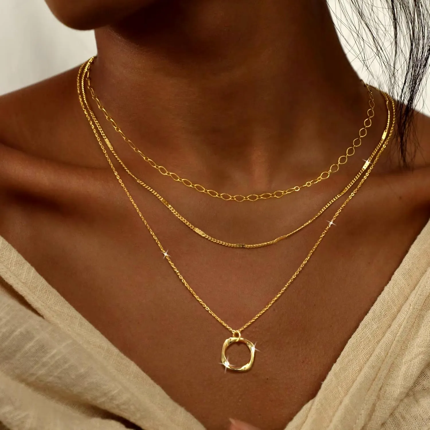 Trendy Layered Gold/Silver Necklaces for Women 14K Gold/Silver Plated Stackable Choker Necklace Dainty Simple Jewelry Set Layering Cuban Circle Pendant Chain