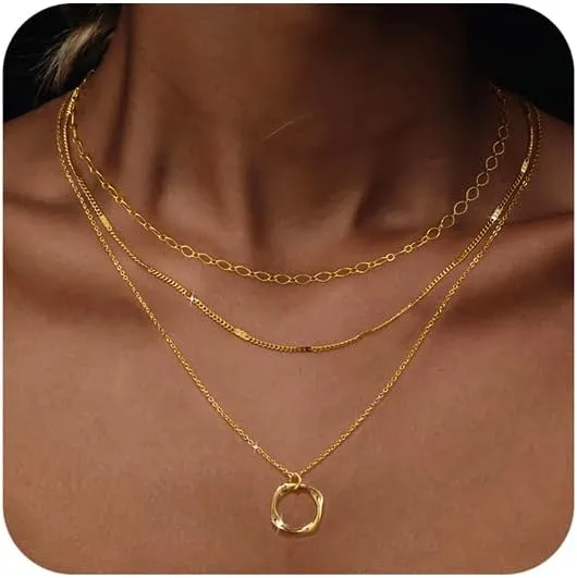 Trendy Layered Gold/Silver Necklaces for Women 14K Gold/Silver Plated Stackable Choker Necklace Dainty Simple Jewelry Set Layering Cuban Circle Pendant Chain