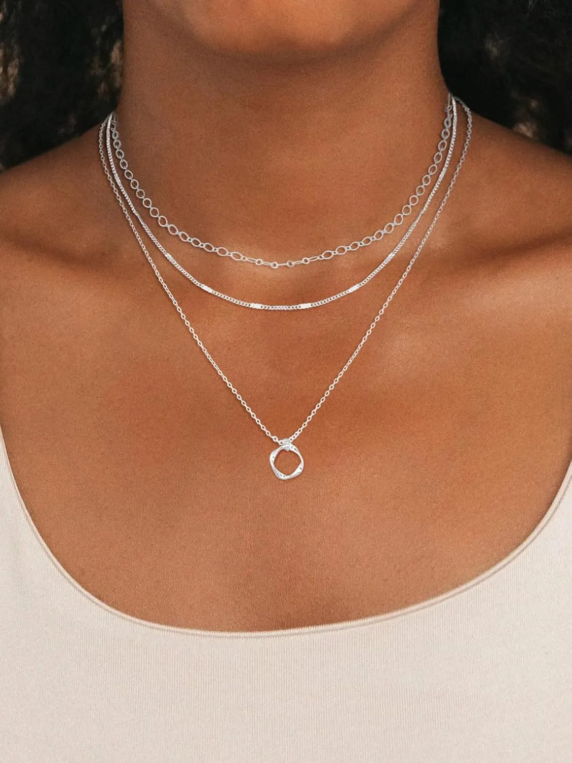 Trendy Layered Gold/Silver Necklaces for Women 14K Gold/Silver Plated Stackable Choker Necklace Dainty Simple Jewelry Set Layering Cuban Circle Pendant Chain