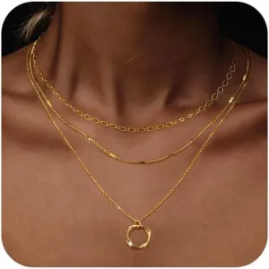 Trendy Layered Gold/Silver Necklaces for Women 14K Gold/Silver Plated Stackable Choker Necklace Dainty Simple Jewelry Set Layering Cuban Circle Pendant Chain