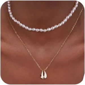 Trendy Pearl Necklace for Women Dainty Layered Gold/Silver Necklaces Pearls Pendant Stackable Choker Chain Jewelry Set