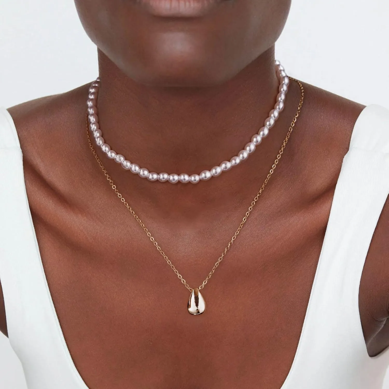 Trendy Pearl Necklace for Women Dainty Layered Gold/Silver Necklaces Pearls Pendant Stackable Choker Chain Jewelry Set