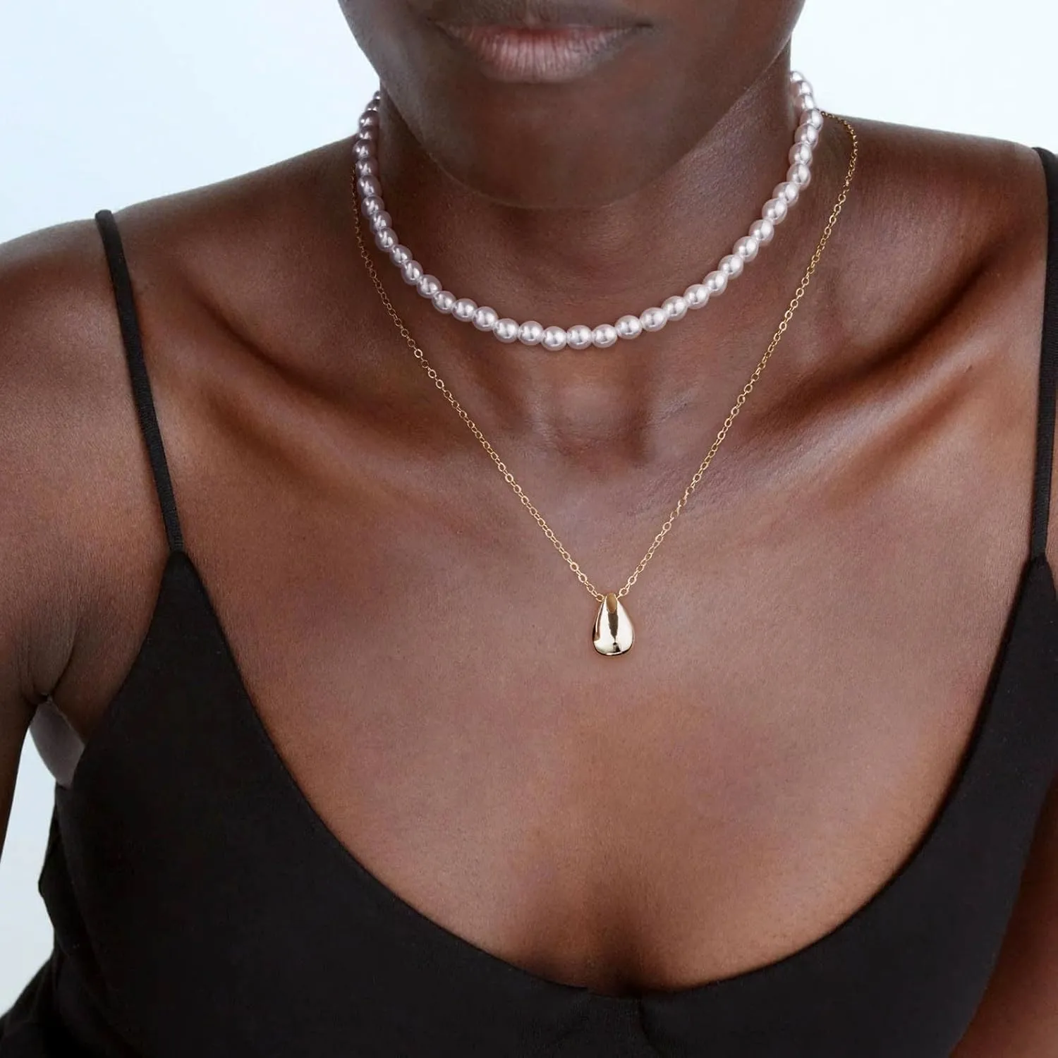 Trendy Pearl Necklace for Women Dainty Layered Gold/Silver Necklaces Pearls Pendant Stackable Choker Chain Jewelry Set