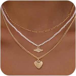 Trendy Pearl Necklace for Women Dainty Layered Gold/Silver Necklaces Pearls Pendant Stackable Choker Chain Jewelry Set