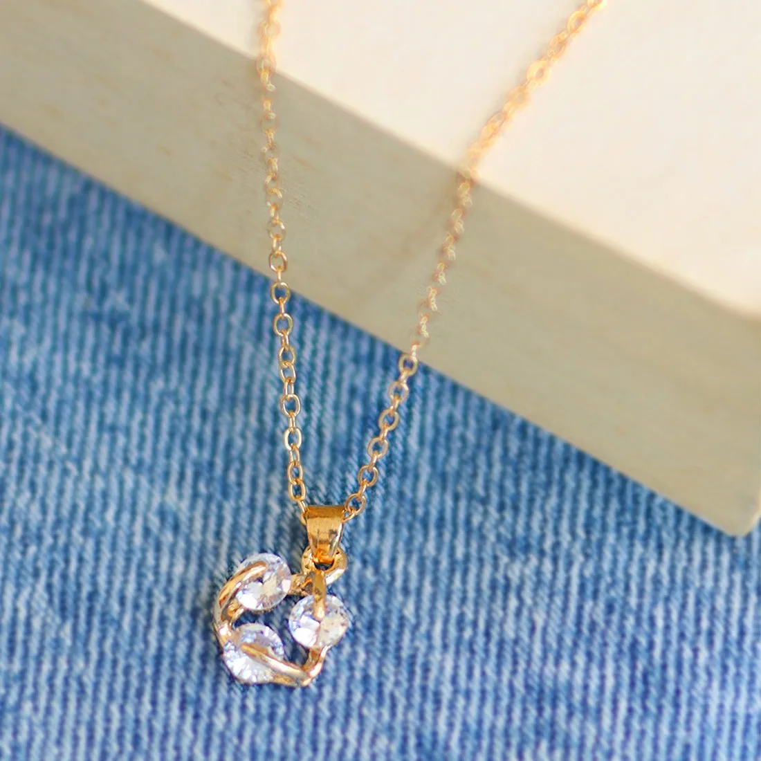 Triple Link Diamante Rhinestones Studded Gold-Toned Mini Pendant Necklace