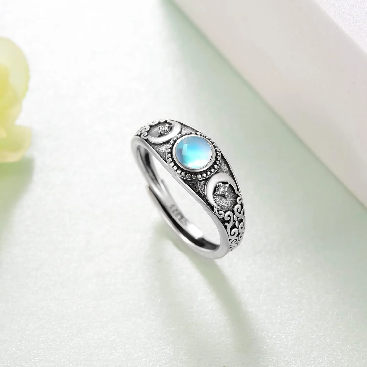 Triple Moon Ring for Women in 925 Sterling Silver with Triple Moonstone Moon Phase Design - Adjustable Open Ring Wiccan Jewelry Gift