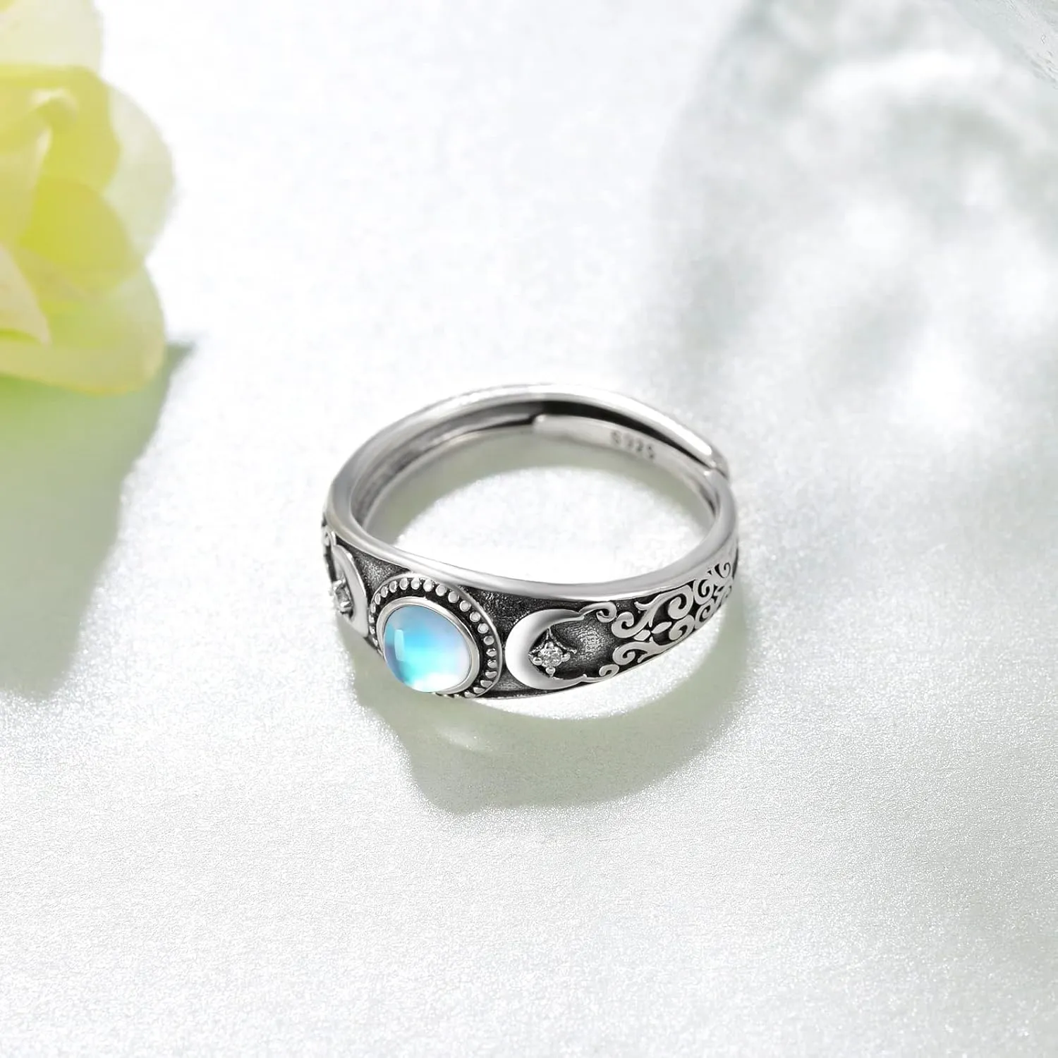 Triple Moon Ring for Women in 925 Sterling Silver with Triple Moonstone Moon Phase Design - Adjustable Open Ring Wiccan Jewelry Gift