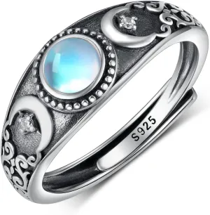 Triple Moon Ring for Women in 925 Sterling Silver with Triple Moonstone Moon Phase Design - Adjustable Open Ring Wiccan Jewelry Gift