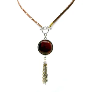 T.R.U. Copper Burnt Tigers Eye Gemstone Mocha Faux Suede Multi Chain Tassel Necklace 30"