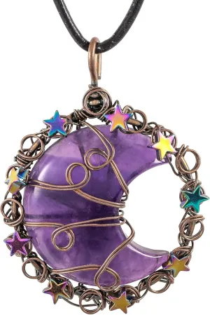 TUMBEELLUWA Crescent Moon Star Crystal Necklace for Women Men Reiki Healing Stone Copper Wire Wrapped Pendant with Adjustable Cord