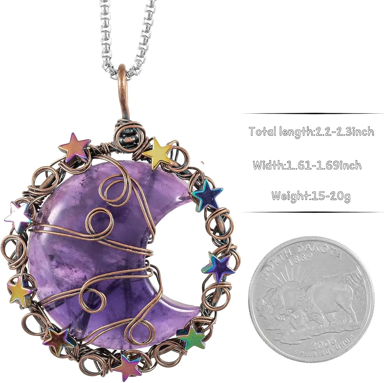 TUMBEELLUWA Crescent Moon Star Crystal Necklace for Women Men Reiki Healing Stone Copper Wire Wrapped Pendant with Adjustable Cord