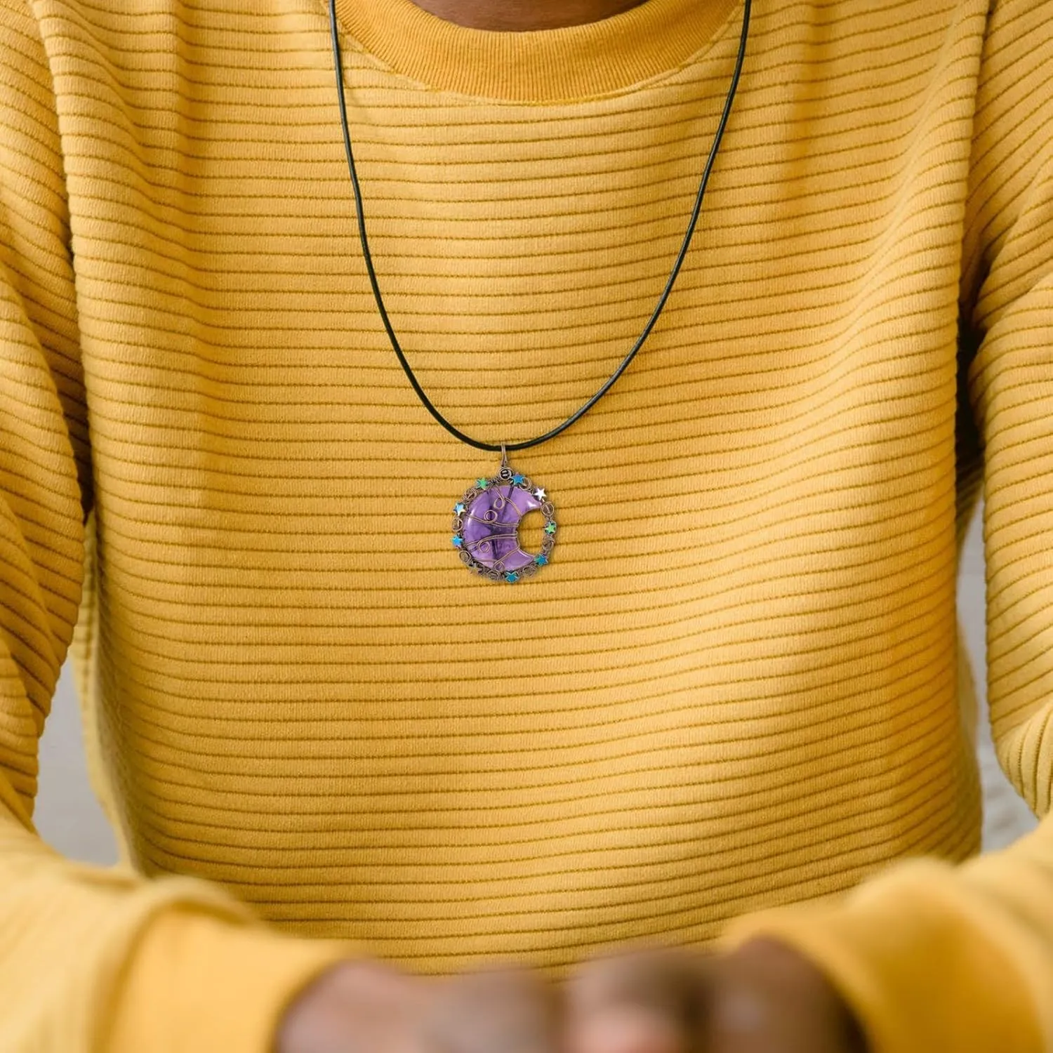 TUMBEELLUWA Crescent Moon Star Crystal Necklace for Women Men Reiki Healing Stone Copper Wire Wrapped Pendant with Adjustable Cord