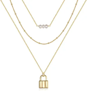 Turandoss Dainty Layered Choker Necklace, Handmade 14K Gold Plated Y Pendant Necklace Multilayer Bar Disc Necklace Adjustable Layering Choker Necklaces for Women