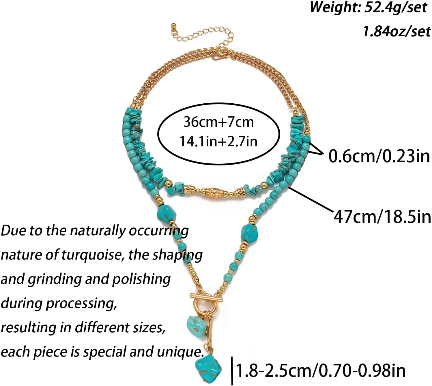Turquoise Beaded Necklace for Women - Layered Choker With Gold Pendant, Toggle Collar - Handmade Western Boho Simulated Turquoise Jewelry