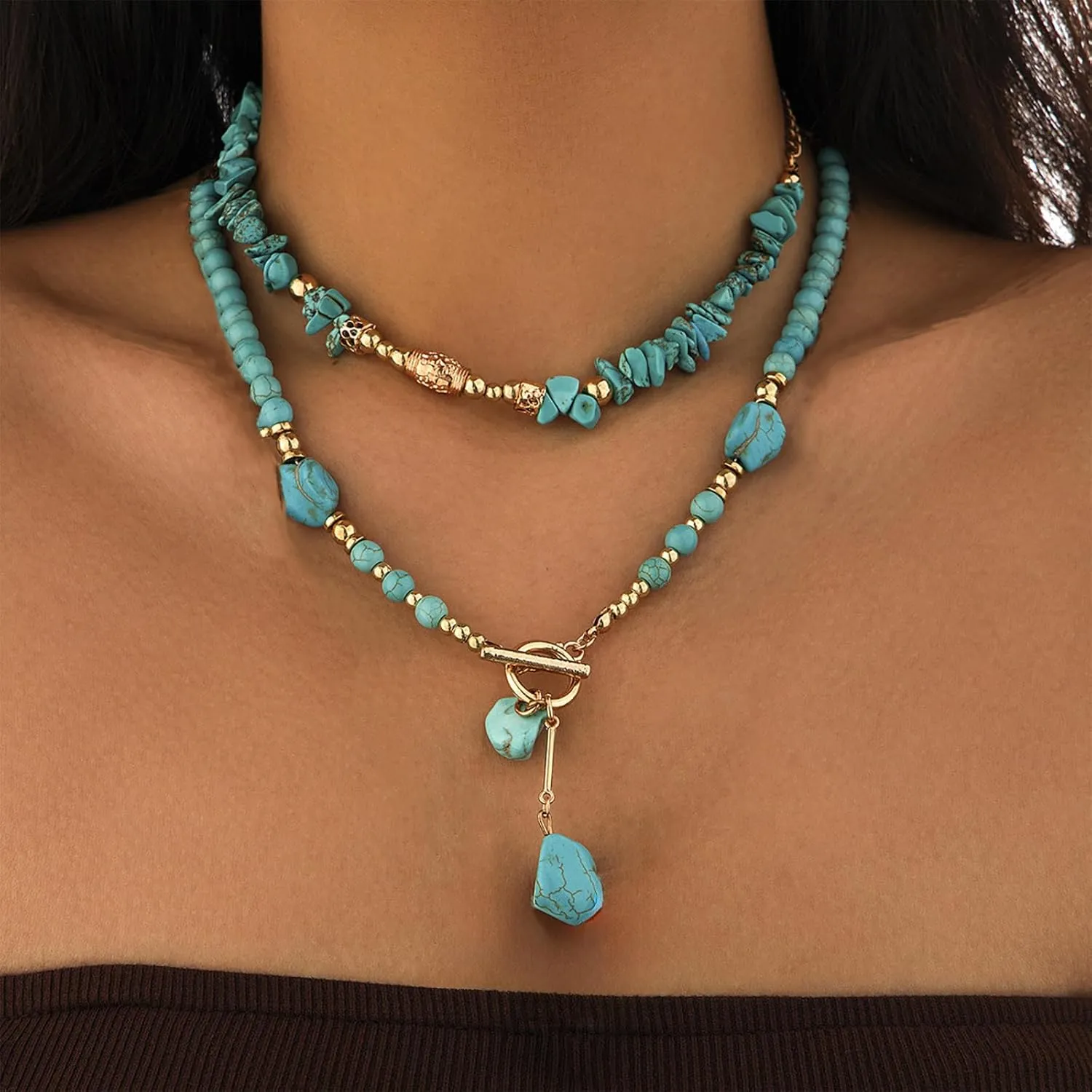 Turquoise Beaded Necklace for Women - Layered Choker With Gold Pendant, Toggle Collar - Handmade Western Boho Simulated Turquoise Jewelry