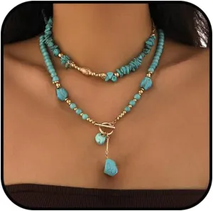 Turquoise Beaded Necklace for Women - Layered Choker With Gold Pendant, Toggle Collar - Handmade Western Boho Simulated Turquoise Jewelry