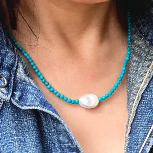 Turquoise Beaded Necklace with Freshwater Pearl & 14k Gold Filled Clasp