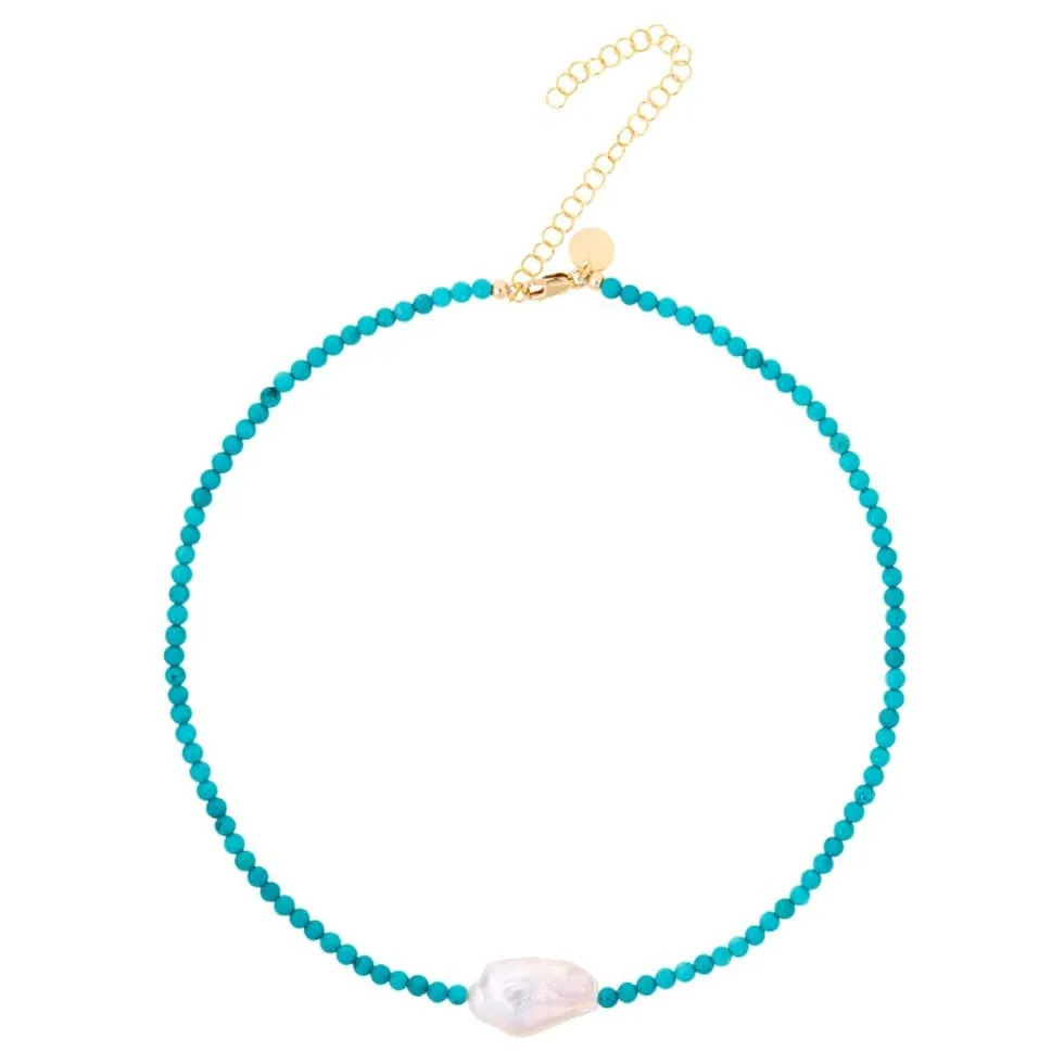 Turquoise Beaded Necklace with Freshwater Pearl & 14k Gold Filled Clasp