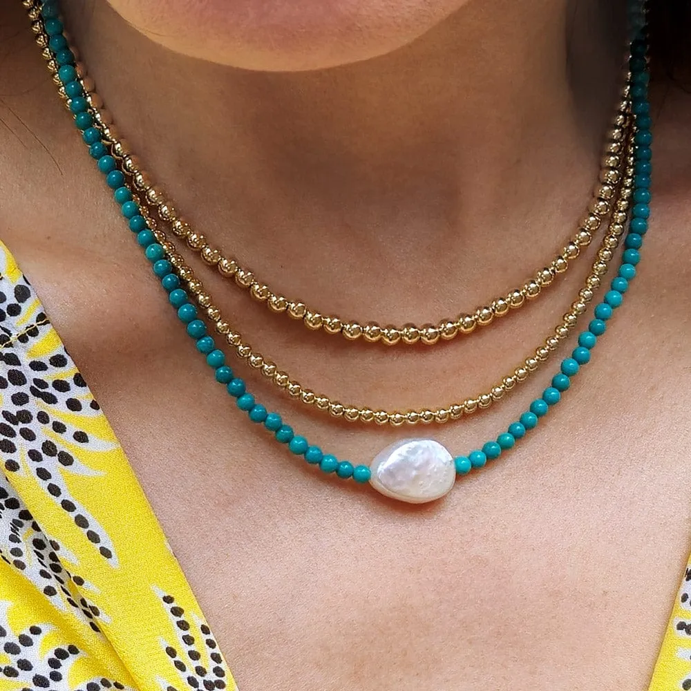 Turquoise Beaded Necklace with Freshwater Pearl & 14k Gold Filled Clasp