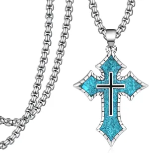Turquoise Cross Necklace for Men 925 Sterling Silver Blue Turquoise Cross Pendant Necklace Turquoise Jewelry for Men Women 22" to 24" Chain