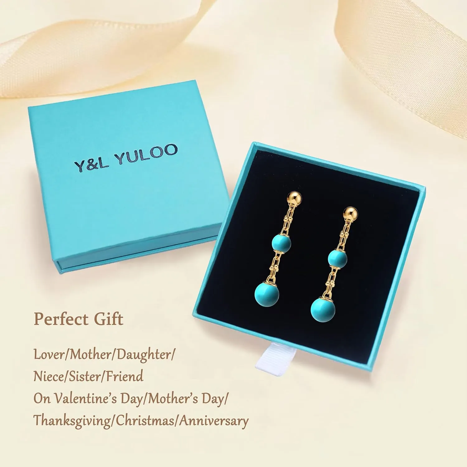 Turquoise Drop Dangle Earrings for Women Girls 925 Sterling Silver Hypoallergenic Fashionable Horseshoe-shaped Triple Drop Link Earrings Perfect for Mother/Wedding/Anniversary/Valentine 'Day