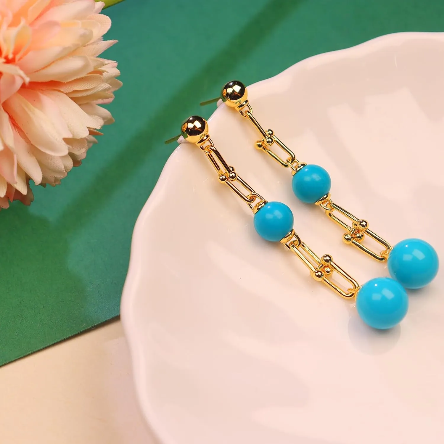 Turquoise Drop Dangle Earrings for Women Girls 925 Sterling Silver Hypoallergenic Fashionable Horseshoe-shaped Triple Drop Link Earrings Perfect for Mother/Wedding/Anniversary/Valentine 'Day