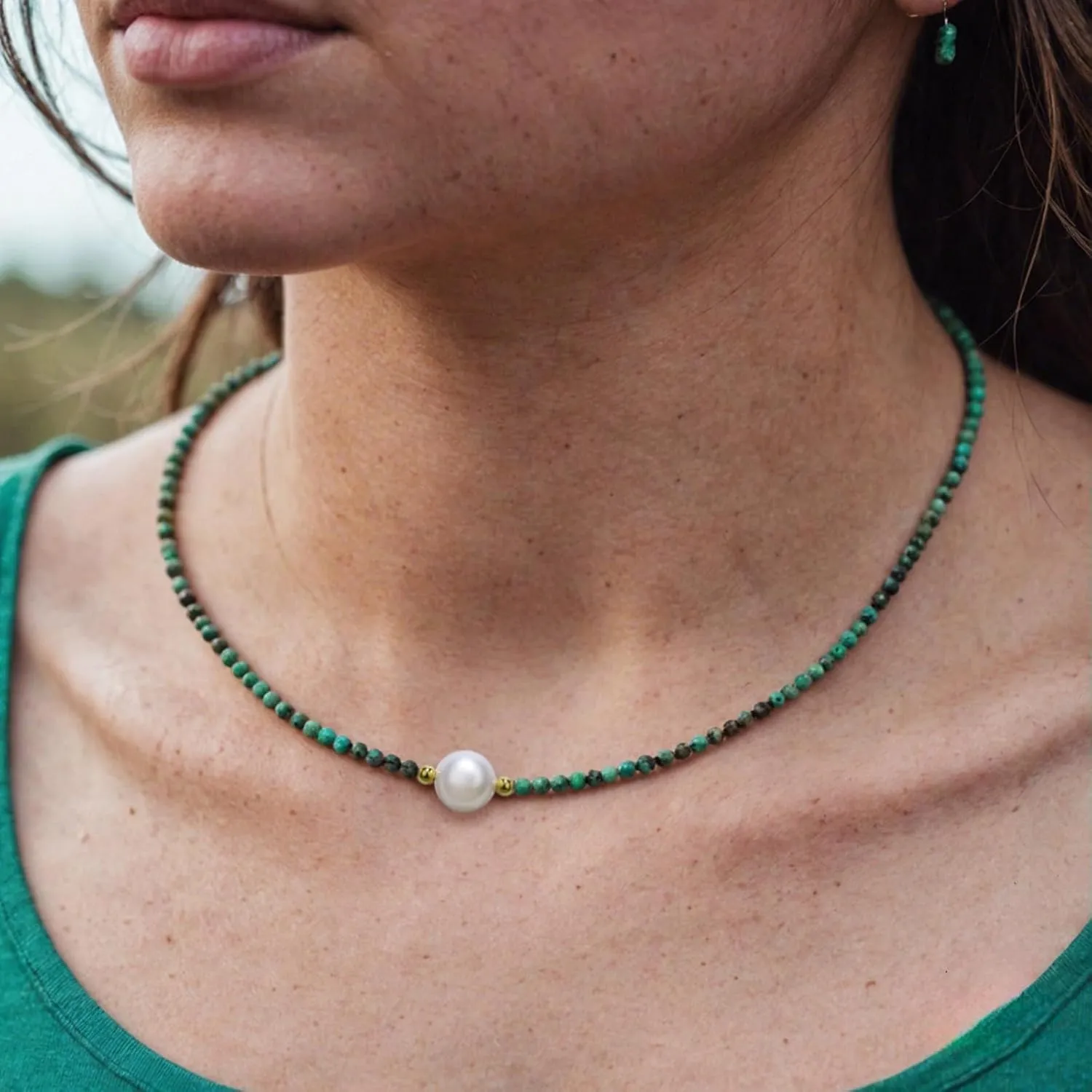 Turquoise Necklaces for Women, 3mm Gemstone Beaded Choker Necklace, Handmade 18K Gold Plated African Turquoise Beaded Choker Necklace, Pearl Choker Necklaces for Women