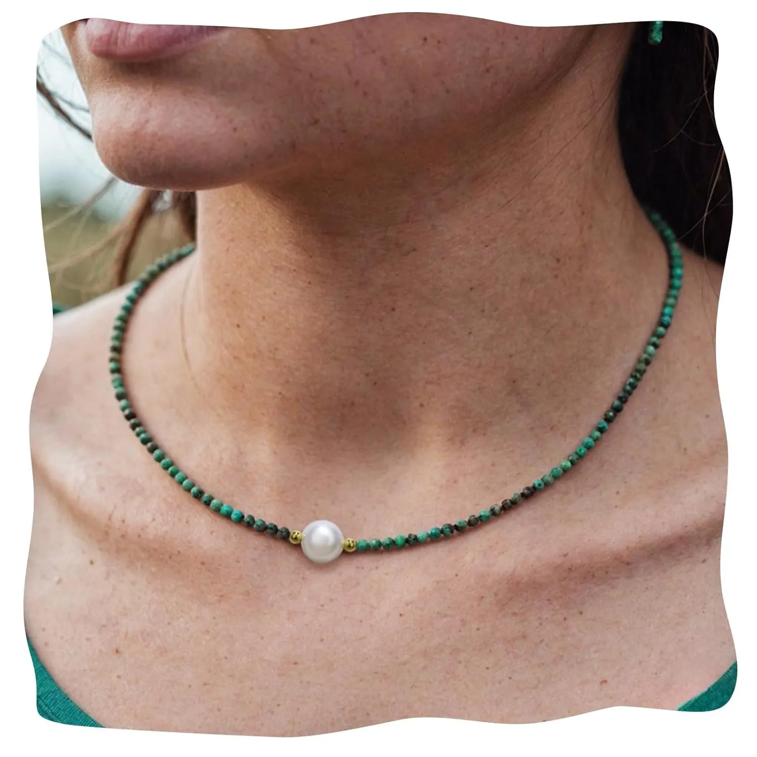 Turquoise Necklaces for Women, 3mm Gemstone Beaded Choker Necklace, Handmade 18K Gold Plated African Turquoise Beaded Choker Necklace, Pearl Choker Necklaces for Women