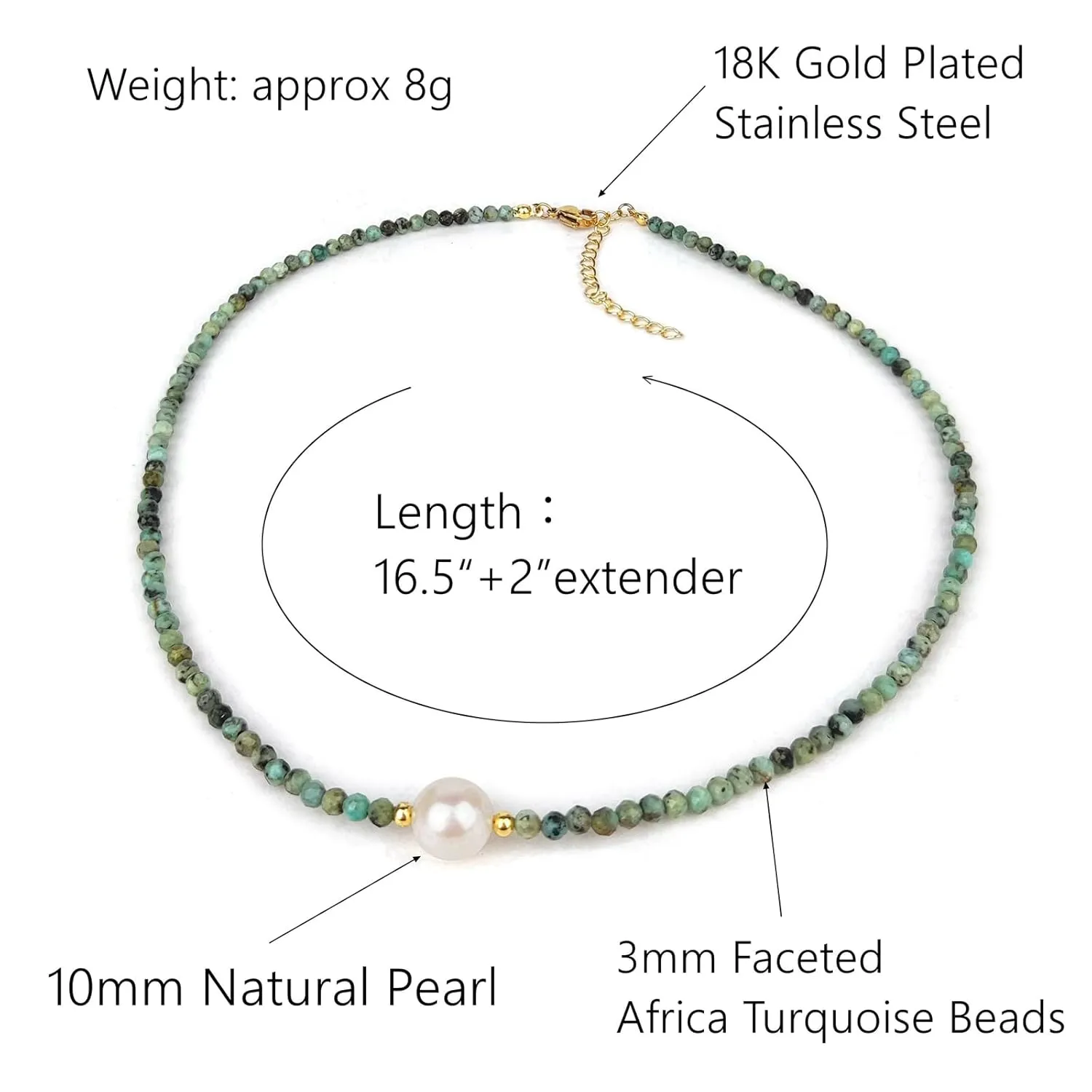 Turquoise Necklaces for Women, 3mm Gemstone Beaded Choker Necklace, Handmade 18K Gold Plated African Turquoise Beaded Choker Necklace, Pearl Choker Necklaces for Women