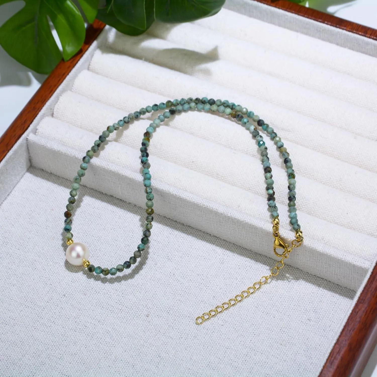 Turquoise Necklaces for Women, 3mm Gemstone Beaded Choker Necklace, Handmade 18K Gold Plated African Turquoise Beaded Choker Necklace, Pearl Choker Necklaces for Women