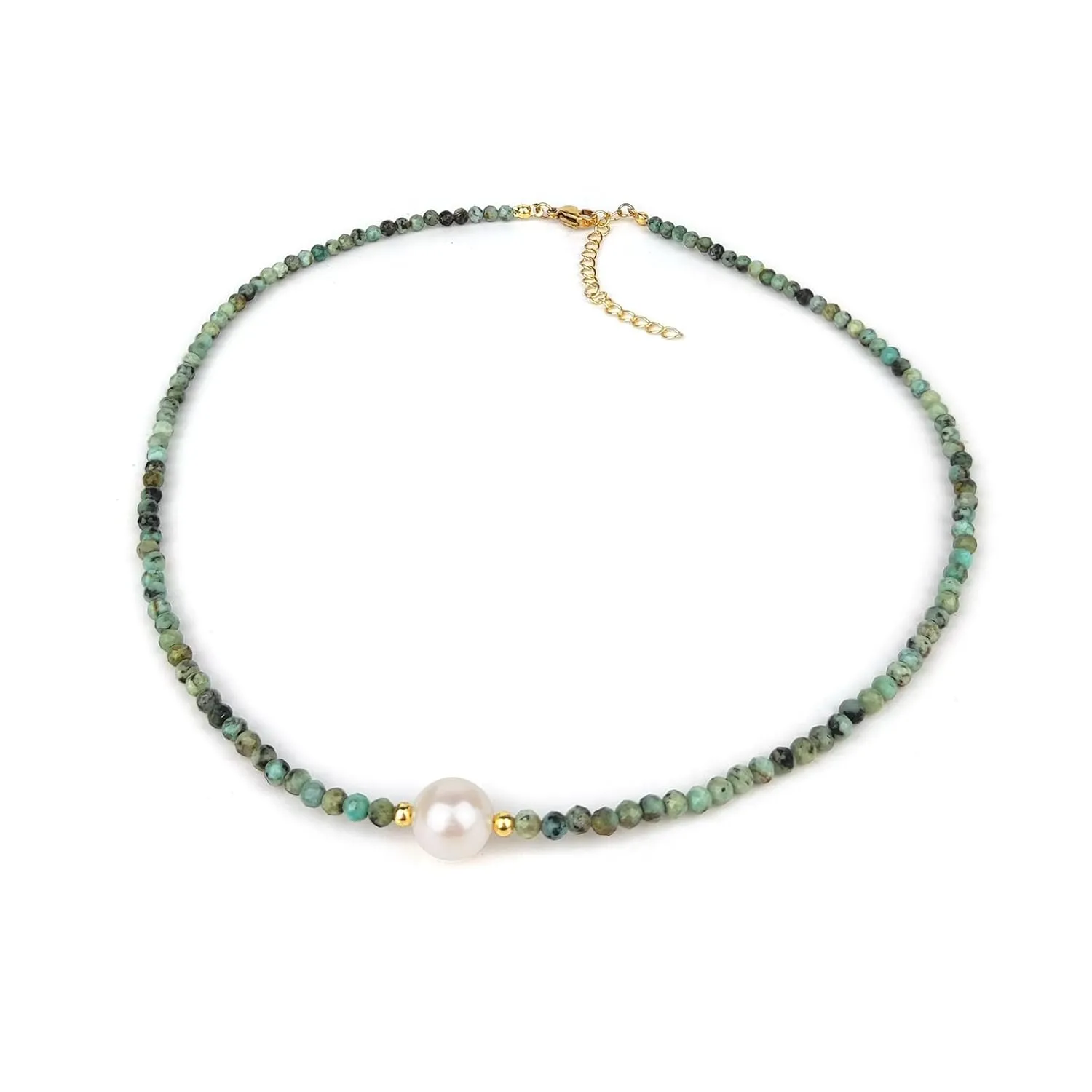 Turquoise Necklaces for Women, 3mm Gemstone Beaded Choker Necklace, Handmade 18K Gold Plated African Turquoise Beaded Choker Necklace, Pearl Choker Necklaces for Women