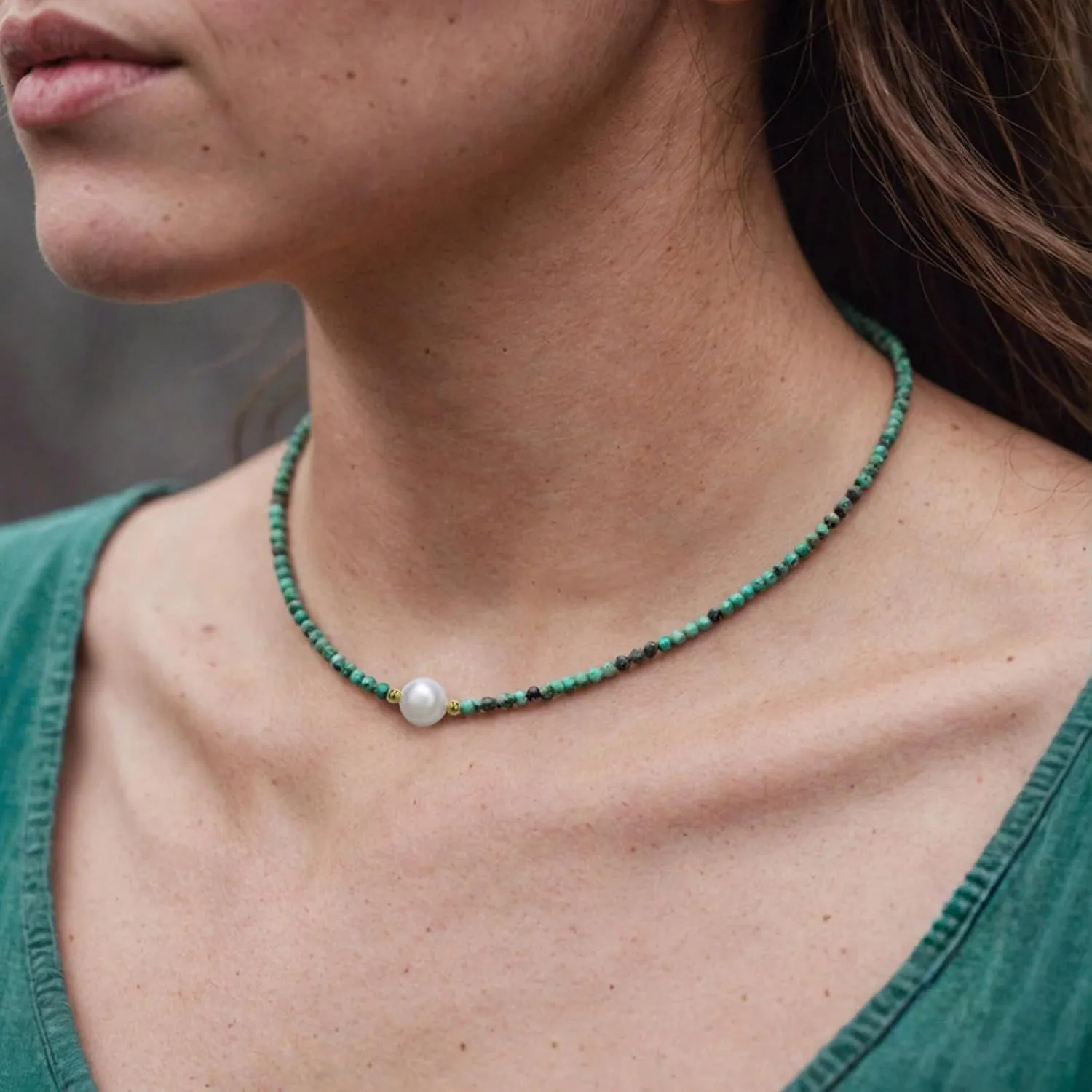 Turquoise Necklaces for Women, 3mm Gemstone Beaded Choker Necklace, Handmade 18K Gold Plated African Turquoise Beaded Choker Necklace, Pearl Choker Necklaces for Women