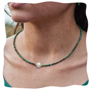 Turquoise Necklaces for Women, 3mm Gemstone Beaded Choker Necklace, Handmade 18K Gold Plated African Turquoise Beaded Choker Necklace, Pearl Choker Necklaces for Women