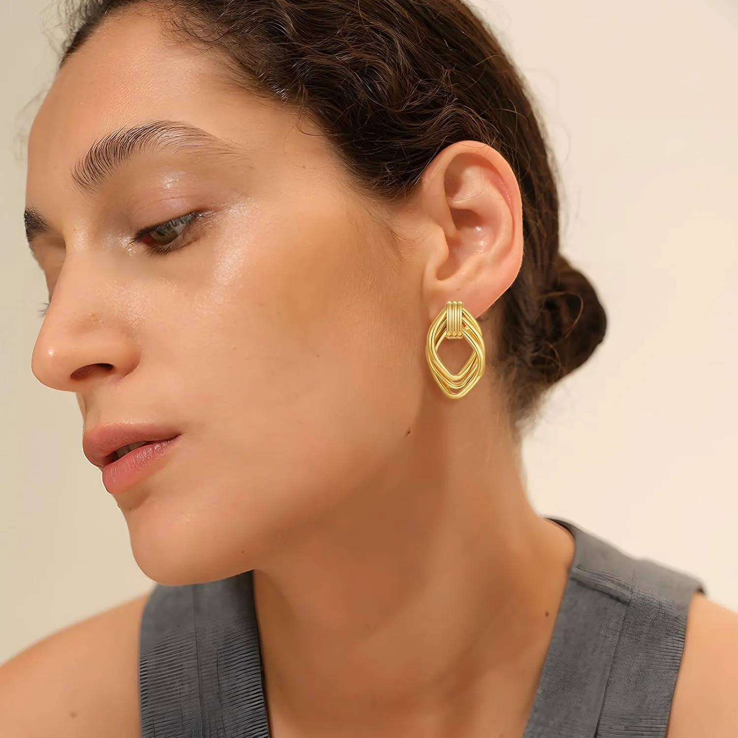 Two Tone Knot Studs Earrings Gold and Silver Door Knocker Earrings for Women Mixed Metal Geometric Earrings Lightweight Trendy Jewelry