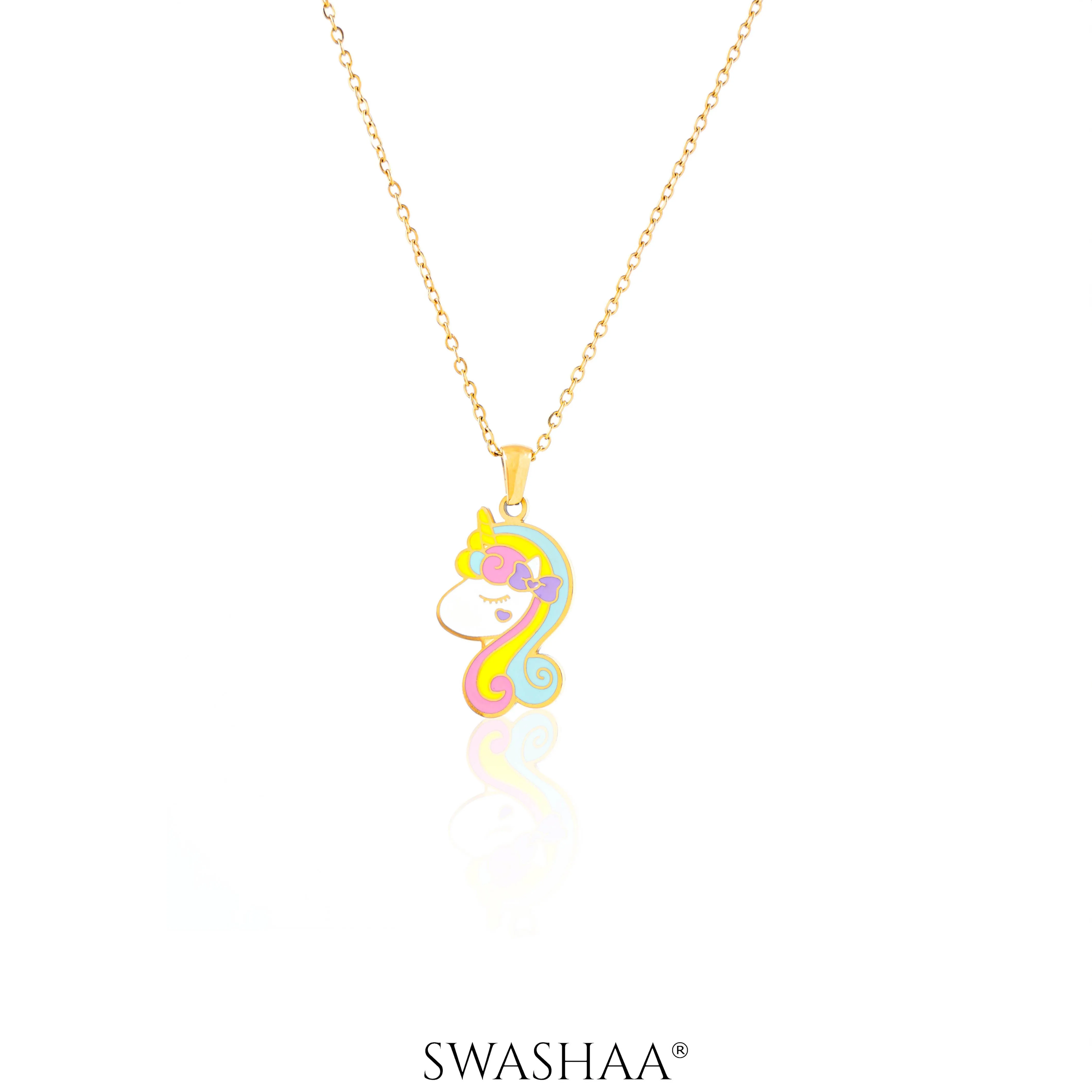 Unicorn Face 18K Gold Plated Kid's Pendant Necklace Set
