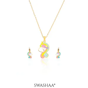 Unicorn Face 18K Gold Plated Kid's Pendant Necklace Set