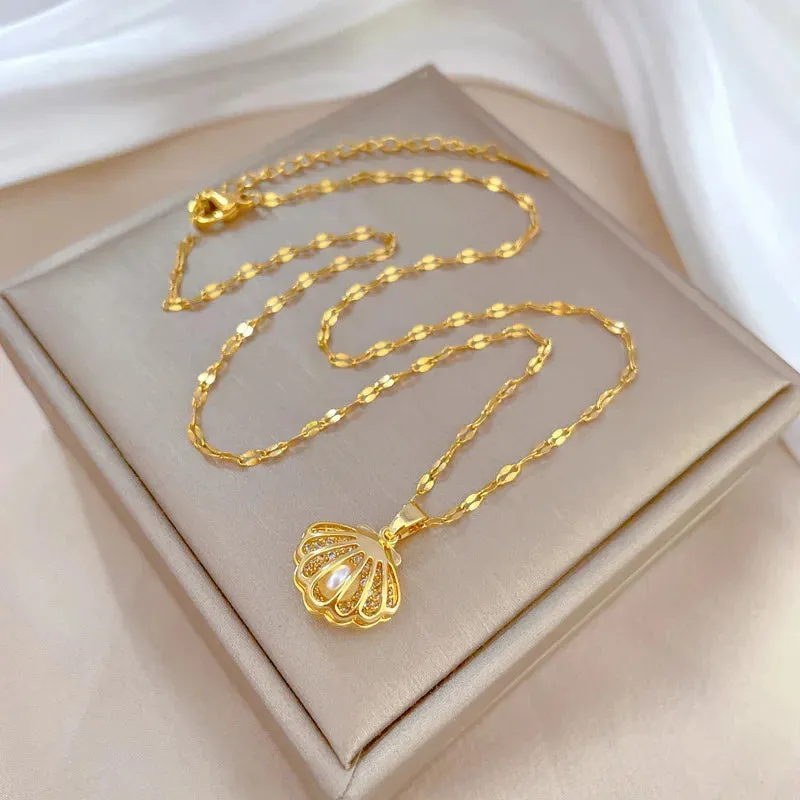 Unique Titanium Steel Inlaid Shell Pearl Necklace with Zirconia Pendant