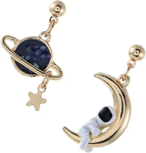 Unique Women Dissymmetry Earrings Fashion Ear Studs Moon Planet Design Delicate Fashion Ear Clips