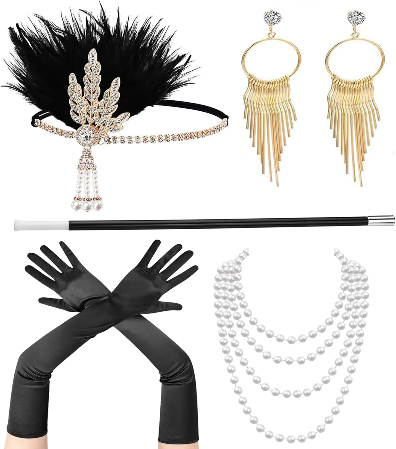 Utaly 1920's Flapper Accessory Set for Women Great Gatsby Costume Accessories 20s Headband Headpiece Pearl Necklace Gloves
