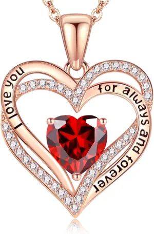 Vakki Heart Birthstone Necklace Women's Rose Gold Sterling Silver Heart Gemstone Pendant Necklace