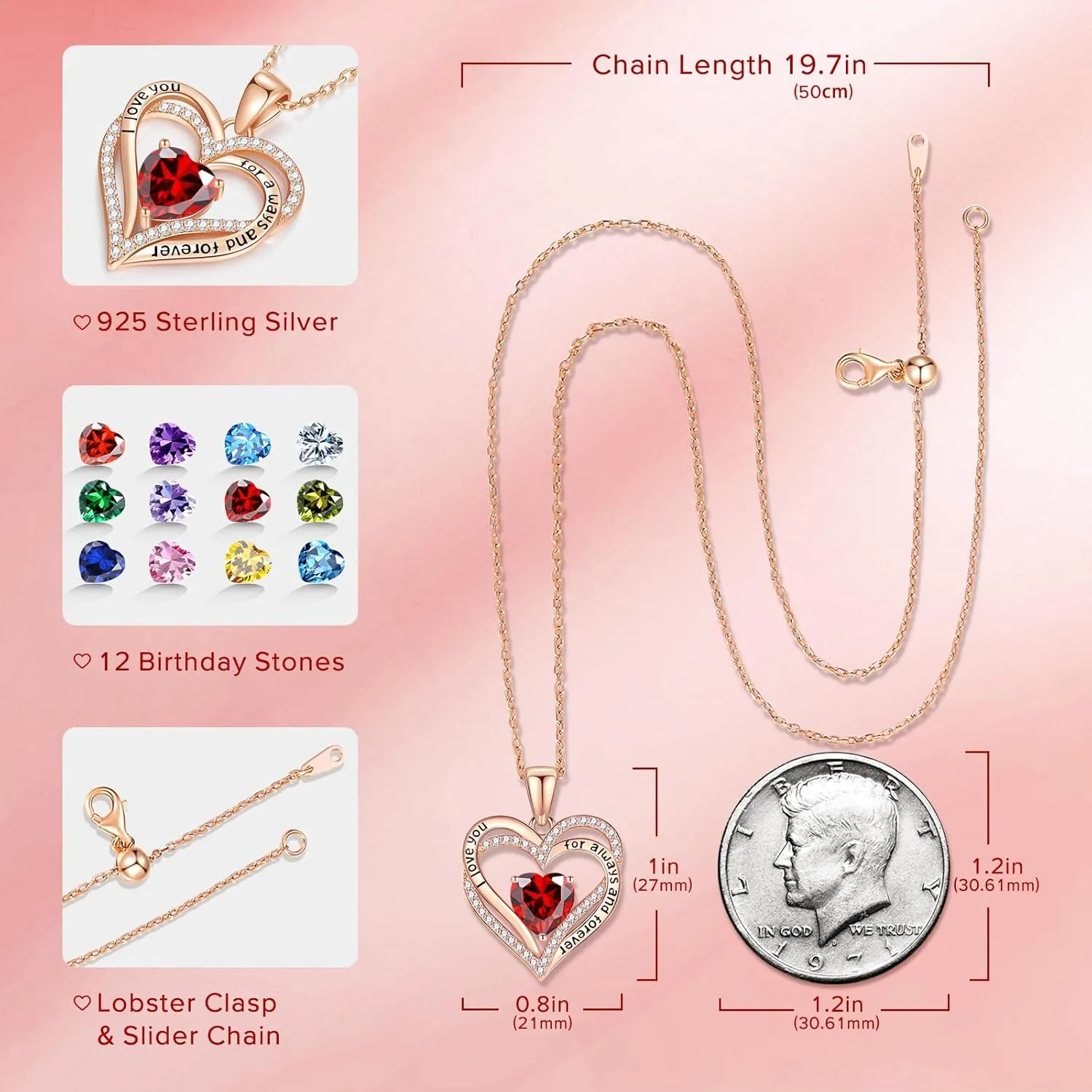 Vakki Heart Birthstone Necklace Women's Rose Gold Sterling Silver Heart Gemstone Pendant Necklace
