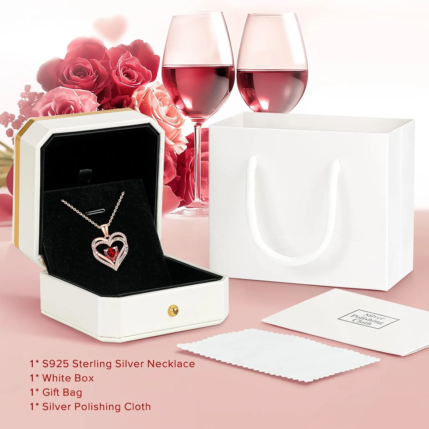 Vakki Heart Birthstone Necklace Women's Rose Gold Sterling Silver Heart Gemstone Pendant Necklace