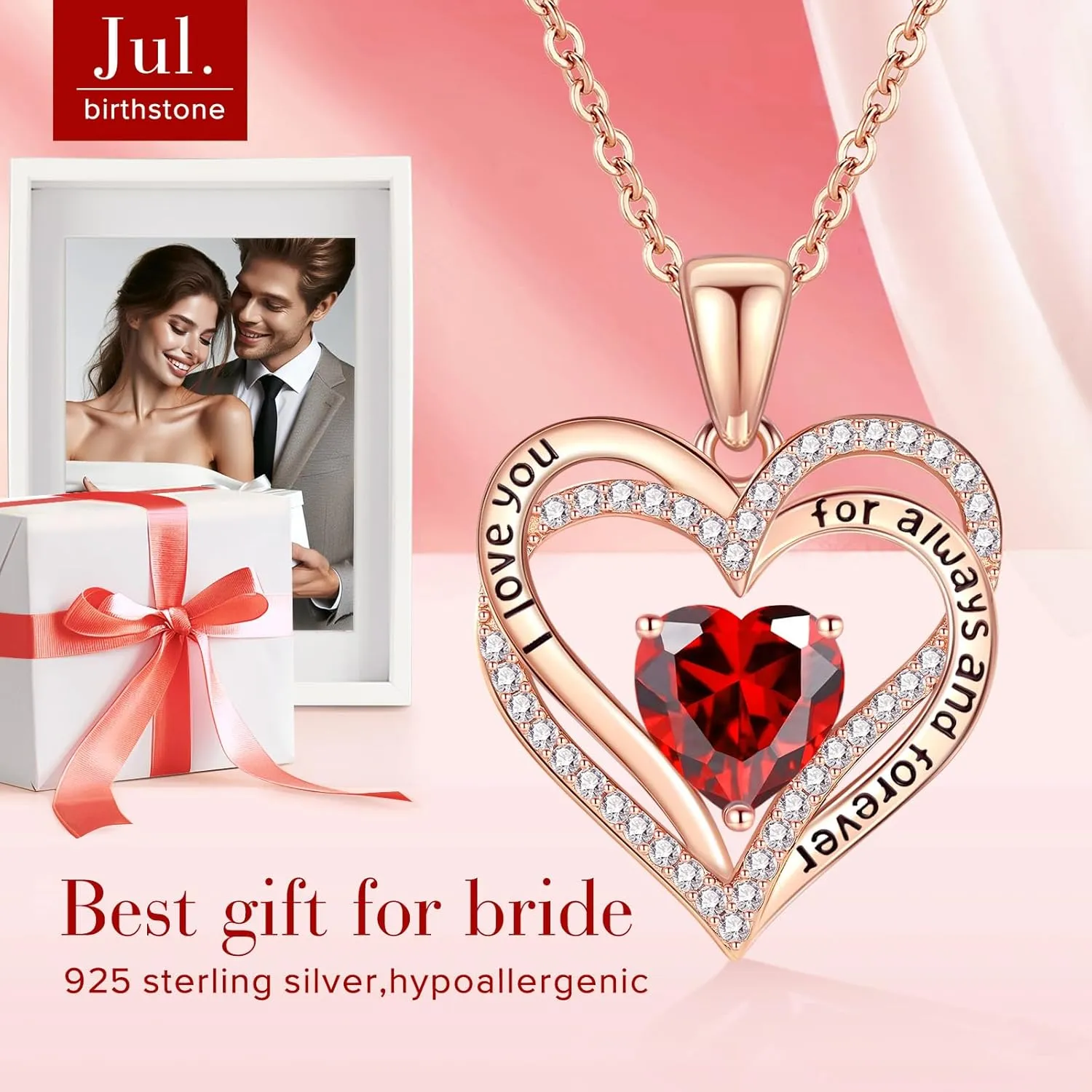 Vakki Heart Birthstone Necklace Women's Rose Gold Sterling Silver Heart Gemstone Pendant Necklace