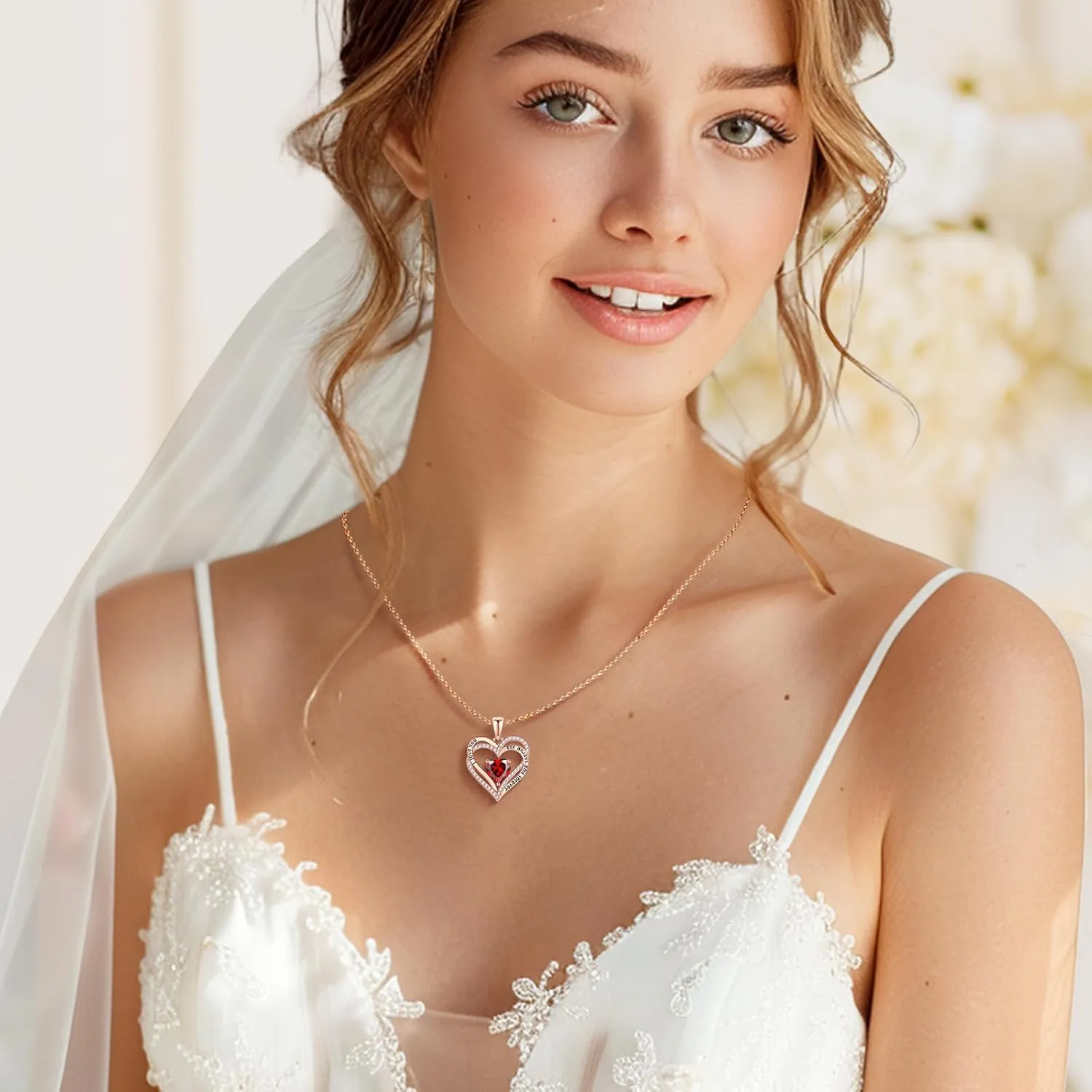 Vakki Heart Birthstone Necklace Women's Rose Gold Sterling Silver Heart Gemstone Pendant Necklace