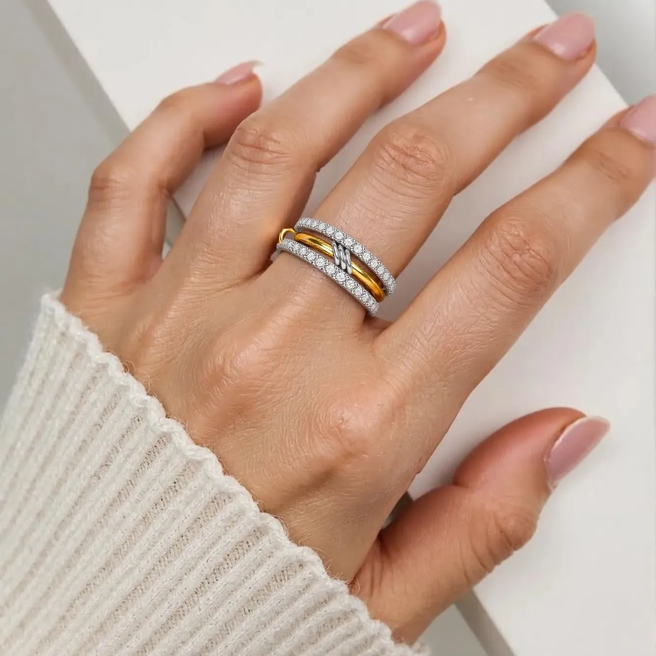 Verfimaci Dainty Gold Stackable Rings for Women,Chunky Stackable Cubic Zirconia Rings Set Non Tarnish,18K White Gold Plated Multi-Link Rings Women Jewelry