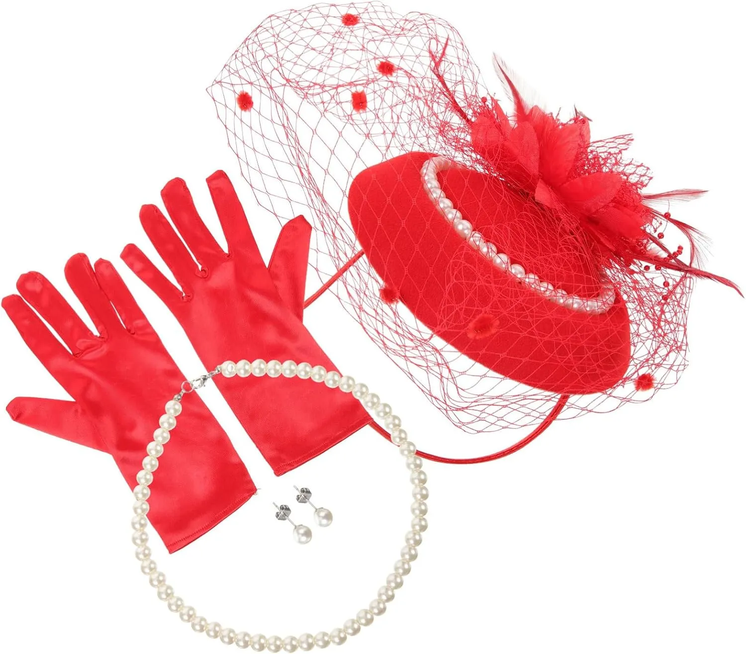 VICASKY 1 Set Vintage Pearl Fascinator Hat with Mesh Veil Elegant Headband Lace Gloves and Necklace Earring Set for Women Tea Party Wedding Celebration